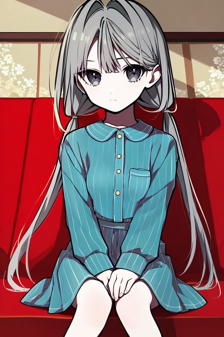 score_9, score_8_up, score_7_up, score_6_up, rating_safe, source_anime, best quality, masterpiece, detailed background, detailed background, detailed eyes, living room, 2.5d, sitting, holding own knees, blue pajamas, (long hair), <lora:mia-xl-05:1.2>, loopers mia, tired, small breasts, pigtails, grey hair,
