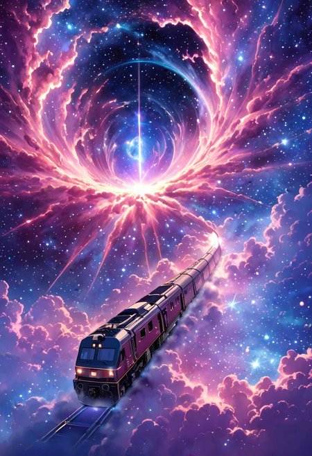 (masterpiece, best quality, highly detailed:1.2), ((a train is passing through the nebula, it's shourded in nebula)), dreamy, scifi fantasy, volumetric, anime style, perfect composition, anzhcdreamwave, multi-colored theme, aesthetic