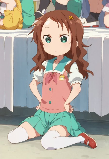 rikos, saisch, long hair, green skirt, brown hair, hair ornament, green eyes, flower, hair flower, school uniform, shoes, socks, uwabaki,  thighhighs,    sitting,   score_9, score_8_up, score_7_up, ,source_anime, best quality, masterpiece,   , full body view,  1girl , solo , girl focus , hands on hips,