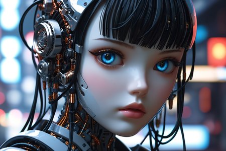 Create a portrait of a porcelain doll with mechanical features, inspired by the cyberpunk aesthetic. The doll should have glowing cybernetic eyes and intricate anodized titanium mechanisms that are highly detailed. Incorporate ribbon cables, wires, and other cybernetic components to enhance the futuristic look. The style should be reminiscent of Shirow Masamune's work, particularly from 'Ghost in the Shell.' The doll should blend elements of traditional anime with cyberpunk influences, showcasing a harmonious mix of delicate porcelain and advanced technology. The overall composition should be a key visual, capturing the essence of the character with a focus on the doll's glowing eyes and intricate mechanical details. The background should complement the cyberpunk theme, possibly with a hint of a high-tech environment, to complete the scene.
(Dramatic Lighting, Photography, 3D Illustration, Vibrant Colors, Exquisite Detail, Award Winning, Stunning)  <lora:MJ52:0.5> epiCPhoto