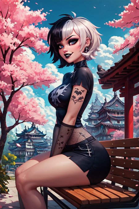 score_9, score_8_up, score_8, medium breasts, (curvy), cute, eyelashes,       BREAK, ,   ,,, <lora:GothMavis_PDXL:0.8>, zzGothMavis, black hair, white hair, makeup, short hair, black lips, multicolored hair, two-tone hair, ear piercing, eyeshadow, gothic, shirt, lipstick, tattoo, turtleneck, cross ,,, , BREAK, sitting on bench, side view, smile, looking at viewer, cowboy shot,  ,,, BREAK, pnkBldng, sky, day, cloud, tree, blue sky, building, architecture, east asian architecture,  ,,, BREAK, embedding:zPDXL, Expressiveh,  ,,, <lora:PinkBuildingsPDXL_v2:0.6>, <lora:SDXLFaeTastic2400:0.5>, <lora:Expressive_H-000001:0.4>