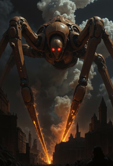 high quality, volumetric lighting, A towering mechanical spider, its rusted metal limbs stretching across the skyline, wreaking havoc on the city below. The sky is dark and heavy with clouds, casting a somber light over the scene. Sparks fly from the spider's joints as it crushes buildings with relentless precision, its red, glowing eyes scanning the destruction. Dust and debris fill the air, mixing with the smoke rising from shattered skyscrapers. In the distance, the faint silhouettes of terrified people scatter across the streets, the oppressive atmosphere thick with tension and chaos.,A massive RRobot is destroying a city as people flee