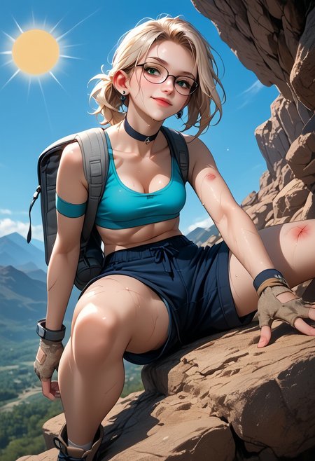 masterpiece, score_9, score_8_up, score_7_up, 1girl, medium ponytail light blonde hair, green eyes, (playful smile), earrings, choker, bruised, abrasions, scratches, sweaty, dirty, dirty clothes, finger-less gloves, arm band, backpack, glasses, hiking boots, sun rays, (mountain climbing):1.1, climbing, climbing gear, summer day, desert mountains, hot, aqua sport bra, ripped sport bra,  (no bra), ripped shorts, dolphin shorts, (full body):1.1, below view, from behind, sitting, looking at viewer, midriff:1.1, small breasts, cleavage, wet