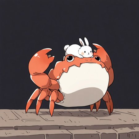 (masterpiece, best quality, high quality, highres), very awa, highres, absurdres,
chii-kun \(seedyoulater\), (naguru \(cyoroama\):0.8), 
(no humans:1.1), cute, full body, tiny white bunny standing on a back of giant red crab, 
simple black background,