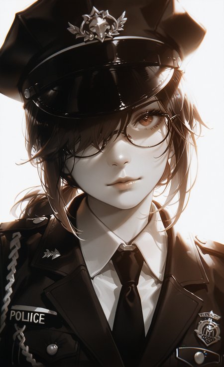 masterpiece, best quality, good quality, very awa, very aesthetic, absurdres, newest, 1girl, solo, looking at viewer, hat, brown eyes, monochrome, ponytail, necktie, glasses, uniform, lips, portrait, peaked cap, spot color, nose, police, police uniform, hat over one eye, Dutch Angle,Bright And Sunny Lighting,
96yottea,bloom, highly detailed,
realistic,dynamic pose, <lora:ponyv6Noobe112Adamw.9Eti:0.8> <lora:USNR_STYLE_XL_lokr:0.45> <lora:WSSKX_WAI:0.7>