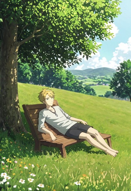 high resolution, professional photography, best quality, 1Boy, Yamato Ishida, blond hair, deep blue eyes, necklace, relax, nap, sleepy, meadow, hill, bush, grass, under a shady tree, gentle breeze, OverallDetail