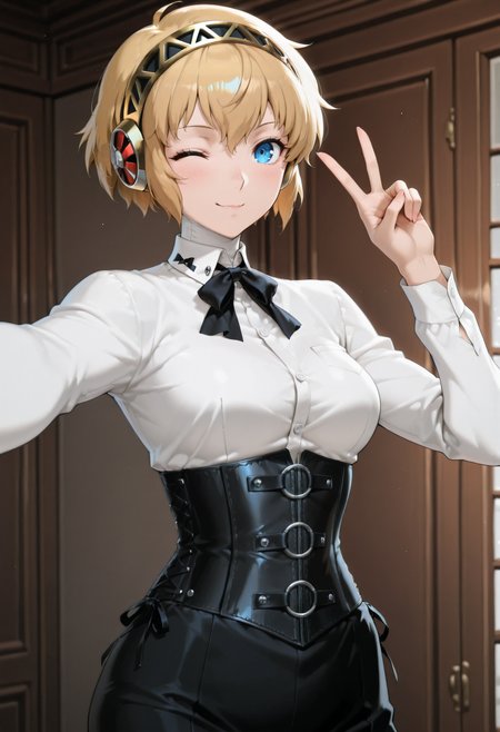 anime_screenshot, waist corset, o-rings, narrow waist, aegis_(persona),one eye closed,v,