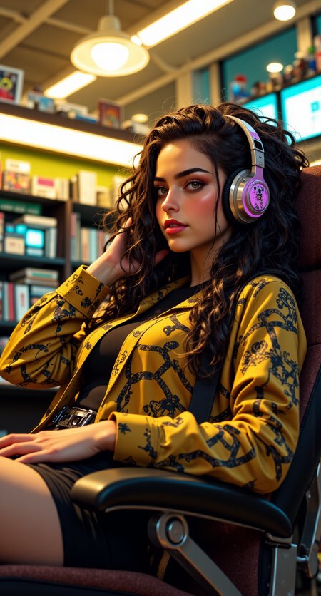 Close-up portrait of a photorealistic woman leaning back in a spinning office chair inside a mall music store. Behind her: walls of CDs and tape racks glowing in yellow and cyan from overhead fluorescents. She's got ultra-thin eyebrows, frosted lip gloss, and a butterfly clip crown in her voluminous crimped hair. One headphone is on, the other off, as she smirks at the camera.

photorealistic, sharp detail, pure mallrat royalty, soft 90s retail glow, ultra aesthetic close-up, retro textures, authentic makeup and hair








fmlas-mk.1, mythp0rt,