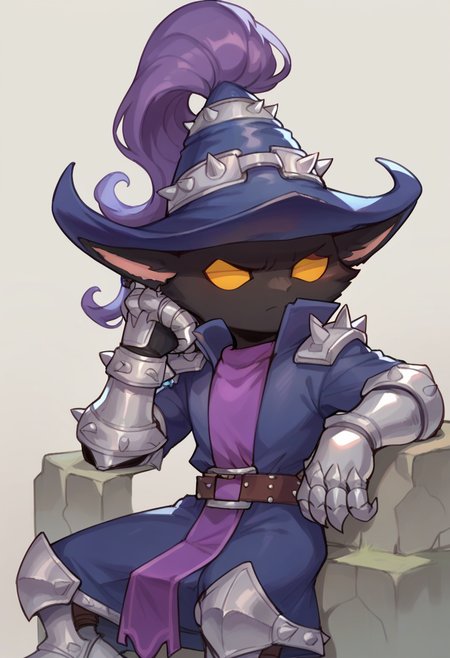 score_9, score_8_up, score_7_up, score_6_up, v3igar, 1boy, male focus, yellow eyes, yordle, hat, coat, armored shoes, belt, armor, gauntlets, 
<lora:Veigar_Default_v2:1>, head rest
