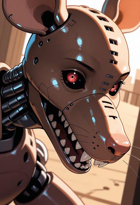 masterpiece,best quality,amazing quality, 1boy, solo, Mr4t, robot rat, brown skin, colored sclera, red eyes, close up, side angle, outside,