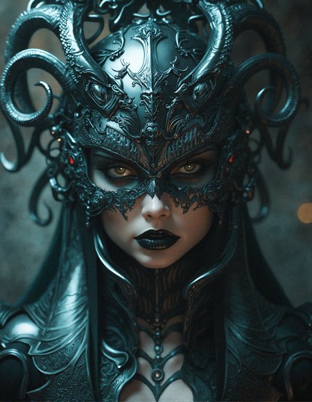Hollywood Cinematic Film style, epic photography, dramatic light, Kodak film style,
A cyber-gothic goddess in an ornate biomechanical headdress, her intricate mask adorned with twisting, serpentine tentacles crafted from obsidian metal, detailed with elegant baroque engravings. Her eyes are hidden behind darkened, reflective lenses that glow faintly with a supernatural luminescence, her lips painted a deep, glossy black. The mask’s tentacles curl outward, resembling a fusion of steampunk and Lovecraftian horror, with mechanical gears subtly embedded into the organic design. The shadows envelop her form, casting an ethereal glow upon the intricate engravings of her attire, which is a dark, regal combination of Victorian elegance and cyberpunk aesthetics. Her presence is both alluring and menacing, exuding an aura of ancient power and futuristic mystique. The background fades into intricate, gothic patterns and swirling mist, creating a hauntingly beautiful and atmospheric scene.
 <lora:FluxDFaeTasticDetails:0.3> <lora:MoriiMee_Gothic_Niji_Style_FLUX:0.4> <lora:realism_lora_comfy_flux_converted:0.7000000000000001>