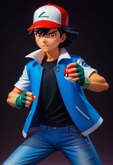 score_9, score_8_up, score_7_up, source_anime, high resolution, 
figure, solo, 1boy, ash_kanto, black hair, 
baseball cap, black t-shirt, blue jacket, open jacket, short sleeves, white sleeves, jeans, fingerless gloves, 
action pose, holding poke ball, 
cowboy shot, dark background, vivid lighting, best quality, realistic,