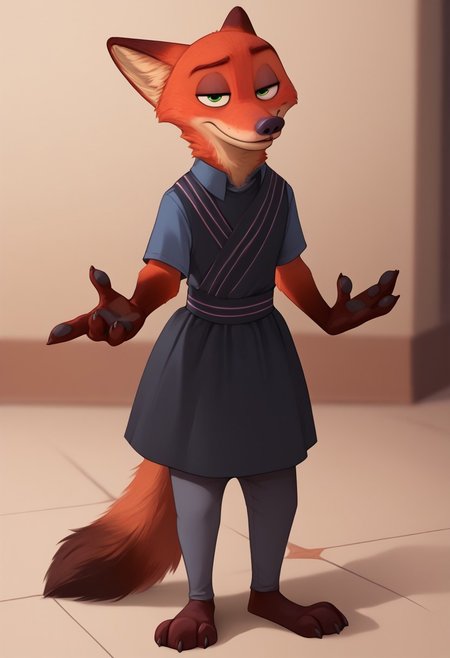score_9, score_8_up, score_7_up, score_6_up, score_5_up, score_4_up, anthro, 1boy, nickwilde, solo, green eyes, tail, diaper, poofy diaper, mascara, lipstick, black dress, stockings, dress up, sexy look, looking at viewer, light shading