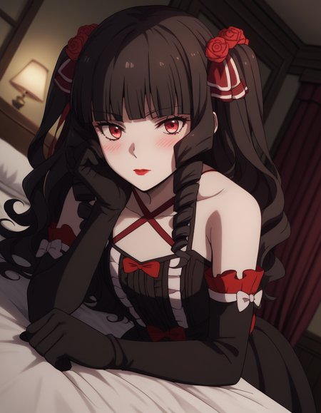 score_9, score_8_up, score_7_up, source_anime,
ayakokuroba, <lora:ayako-kuroba-s2-ponyxl-lora-nochekaiser:1>,
ayako kuroba, long hair, bangs, black hair, hair ornament, red eyes, hair ribbon, hair flower, blunt bangs, rose, drill hair, lipstick, red flower, red rose, red lips,
gloves, dress, bow, bare shoulders, collarbone, frills, detached sleeves, black gloves, elbow gloves, black dress, halterneck,
indoors, bed, bed room, on side, blush, drunk,
solo, dutch angle, looking at viewer, cowboy shot,