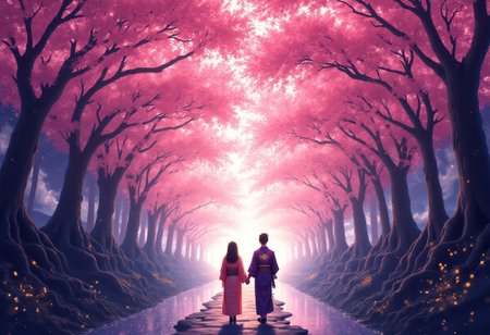 A towering tunnel of bioluminescent cherry blossoms arches over a stone path, each petal glowing with inner light in shades of pearl-pink and moon-white. Two silhouetted figures meet at the heart of the floral cathedral, their forms backlit by cascading sakura that pulse like living constellations. Delicate threads of golden pollen drift through the air, illuminating the woman’s embroidered silk kimono and the man’s haori cloak adorned with cranes. Roots of ancient trees form pew-like structures along the path, cradling pools of liquid moonlight that reflect the blossom canopy above. Soft bokeh effects, hyper-detailed petal textures, and a celestial gradient of twilight purple to dawn gold in the sky