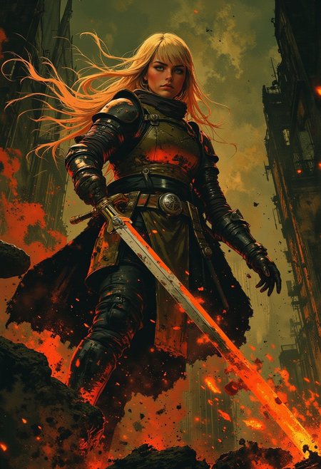 renaissance-style oil painting, masterpiece, female templar knight in plate armour, long flowing blonde hair, bangs, holding legendary sword, fighting off demons in the pits of hell, dynamic image, cinematic, mythp0rt