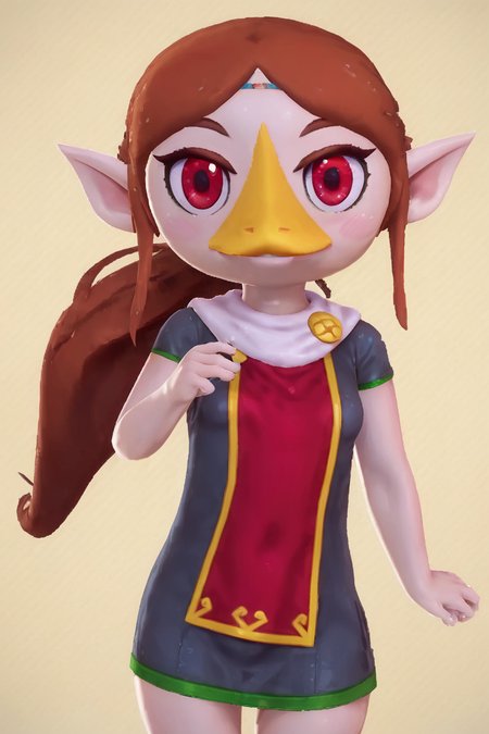 score_9, score_8_up, score_8, medium breasts, (curvy), cute, eyelashes,       BREAK, , <lora:MedliZelda_PDXL_v2:0.8>,  zzMedli, solo, 1girl, brown hair, beak, pointy ears, bird, long hair, long hair, red eyes, ponytail,, BREAK, smile, looking at viewer, cowboy shot, embedding:zPDXL, Expressiveh, <lora:Zy0n7_PDXL:1.0>,  <lora:SDXLFaeTastic2400:0.5>,  <lora:Expressive_H-000001:0.4>,