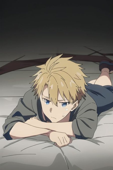 high resolution, professional photography, solo, best quality, 1Boy, Yamato Ishida, Blond Hair, Deep Blue Eyes, Necklace, lying down, conquered, hurt, dying, battered, blank stare, bruised, OverallDetail