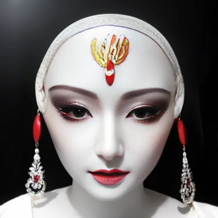 bestquality,masterpiece,highres,chinadress,hairornament,necklace,jewelry,Beautifulface,full_body,tyndalleffect,photorealistic,darkstudio,rimlighting,twotonelighting,(highdetailedskin:1.2),8kuhd,dslr,softlighting,highquality,mju, a white mask with a red eye and a white face<lora:mju-10:1>