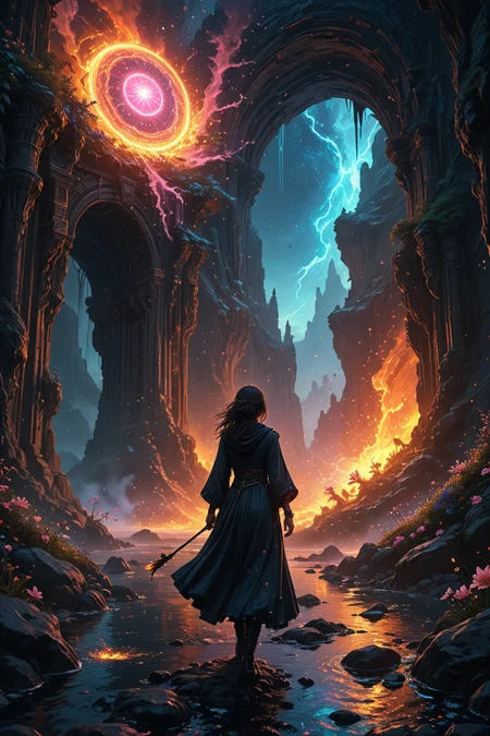 hyperrealistic art ultra-detailed digital painting, cinematic lighting, 8k resolution,
<lora:add-detail-xl:0.7>,
<lora:detailed_notrigger:0.7>,
 <lora:Flux-style-xl-lora:0.3> flux-style ,
<lora:IOS_Iridescent_opal_style:0.1>,
 <lora:linquivera:0.15> linquivera, liiv1, 
<lora:20230829-1693273691112:0.3>
a wanderer in black clothes fluttering in the wind, surreal landscape filled with ancient runic circles glowing with stardust,
each portal reveals a radically different realm
digital realm with binary code rivers and neon data storms,
volcanic plains with liquid-gold lava and obsidian crystal forests,
nebula oasis with starfire lilies and comet trails,
intricate details: portals framed by crackling neon energy threads,
dynamic effects: quantum energy webs connecting realms,
color palette: realms explode with vibrant neon pink and electric blue,
background: multidimensional sky with shattered reality shards and floating light orbs, artstation trending, by james jean and loish, unreal engine 5 render, wide-angle lens, volumetric glow , . extremely high-resolution details, photographic, realism pushed to extreme, fine texture, incredibly lifelike