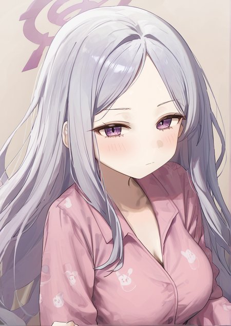 1girl, hina (blue archive), hina (pajamas) (blue archive), huge breast, blush, close-up, closed mouth, half-closed eyes, long hair, long sleeves, looking at viewer, official alternate costume, pajamas, pink pajamas, purple eyes, solo, upper body, white hair,<lora:ãã¯ãSyHan:1>