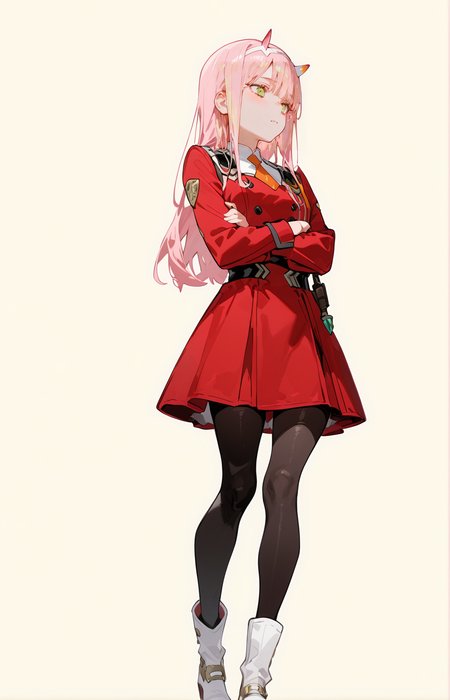 perfect quality,high quality,masterpiece,best quality,amazing quality,very aesthetic,absurdres,Cinematic Lighting,newest,
front view,full_shot,Raised eyebrows,
ZeroTwoCYQL,1girl,solo,pink hair,long hair,bangs,horns,hairband,white hairband,green eyes,uniform,military uniform,dress,red dress,double-breasted,necktie,orange necktie,short necktie,long sleeves,pantyhose,black pantyhose,boots,white footwear,
full body,standing,crossed_arms,,
blonde background,simple background,
<lora:USNR STYLE_XL_loha:0.45>,usnr,<lora:spo_sdxl_10ep_4k-data_lora_webui:0.5>,<lora:illustrious_all_rated_v1:0.6>,<lora:ponyv5_noobV065S_1_adamW:0.7>,<lora:748cmSDXL:0.8>,748cmstyle,<lora:DarkerThanBlackIllustrious:0.5>,<lora:CUTE2712_Illustrious by Cyql:1>,CUTE2712,<lora:ZeroTwoCYQL:1>,