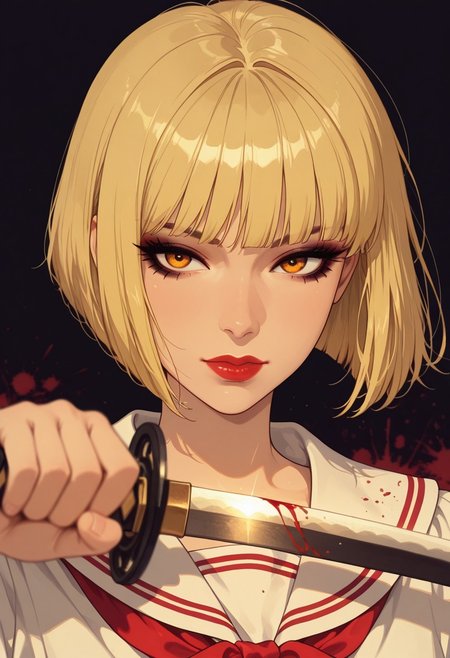 in the style of cksc, masterpiece, best quality, good quality, very aesthetic, absurdres, newest, 8K, depth of field, focused subject, Silhouette Art, magnificent, dark background, portrait of stunning asian warrior woman, dark eyeshadow, red lips, blonde straight-cut bob, wearing white sailor blouse with red ribbon, dark eyeshadow, red lips, wielding a glowing katana, blood splatter, direct gaze