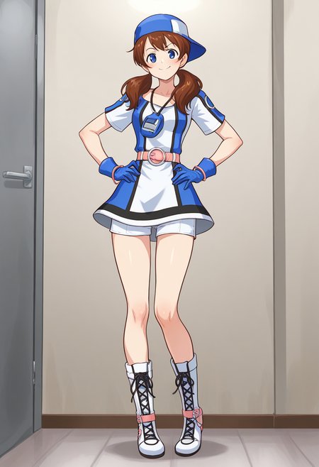 masterpiece, best quality, ultra-detailed, absurdres, newest, 1girl, solo, aingbc, brown hair, long hair, low twintails, blue eyes, baseball cap, multicolored dress, neo geo pocket color necklace, gloves, belt, white shorts under dress, white boots, standing, full body, indoors, smile, hands on hips, smug