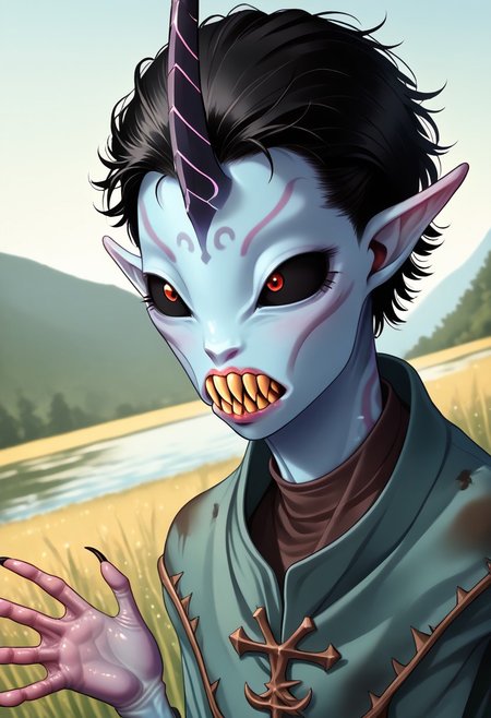 ((Alien humanoid)),
((Alien species)), solo, androgynous, aquatic features 
blue skin, ((webbed hands)):1.3,
((No nose)):1.3, ((nostrils only, nostril slits, vertical nasal slits, narrow nostrils)):1.5, ((narrow eyes)), ((black sclera, black irises)), smooth skin,  pointy ears, small ears, tiny ears, holes in skin, forehead horn, short horn, veiny horn, ((single horn)):1.0, ((4 fingers)), fingernails, thin lips, ((black hair)), ((short hair, spiky hair)), sharp teeth, digitigrade legs, bent legs,
mid-range shot, upper body focus
ragged clothes, muddy clothes, loincloth, tunic, dirty
Medieval style, fantasy style,
((Variety)):1.2
((dutch angle, 3/4 view))
river background
fully clothed, loose clothing, clean lines, smooth colors, detailed fingers, sfw, source: realistic, rating: pg, score: 8 up, score: 9