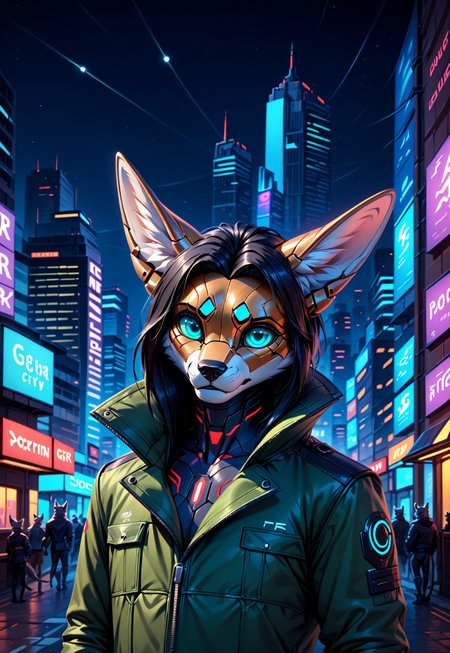 score_9, score_8_up, score_7_up, score_6_up, photorealistic, epiCPhotoGasm-colorfulPhoto, Realistic, highres, super high resolution, 8k, photo, furry, Furry, anthro, fur, male, fennec, brown fur, implanted eyes, robot face, robot face, he has silver plate on the head,  implanted forehead, blue glowing eyes, metal head, silver forehead, metal eyes, sad, long black hair gathered in a long ponytail, black hair, metallic head, metal face, he has implanted face, close-up, long dark green thick coat, green coat,  black leather shirt, black tight pants, long black hair, implants, implant eye, robot, furry,  cyberpunk, night, cyber city, cyberpunk city, metallic eyes, metallic fur, robot, thin body, night, city, cyberpunk city, cyberpunk, realistic, detailed, detailed fur, 