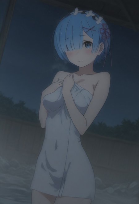 Rem_(Re:Zero) blue_eyes, blue_hair, short_hair, blunt_bangs, hair_over_one_eye, medium_breasts, x_hair_ornament, hair_flower, BREAK onsen, blush,night ,wet towel, sweaty body, steam, dynamic angle,masterpiece,best quality,amazing quality,very aesthetic,absurdres,newest,r3z3r0_styl3