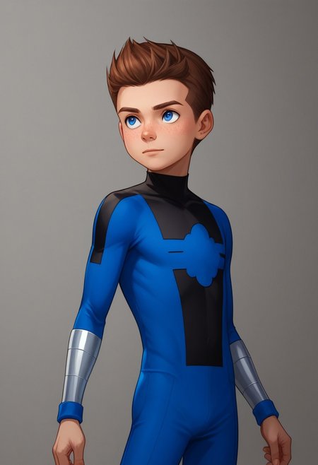 score_9, score_8_up, score_7_up, highly detailed, cute boy, 1boy, solo, young, Jack Power, Blue Eyes, Brown Hair, Freckles, Mass Master, Blue and Black Bodysuit
