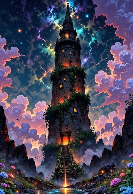 The Eternal Bloom Spire 🏰🌸
A floating tower entwined with celestial vines covered in flowers that change color with time. A bridge of soft golden mist leads to its entrance, where an enchanted staircase spirals into the stars.