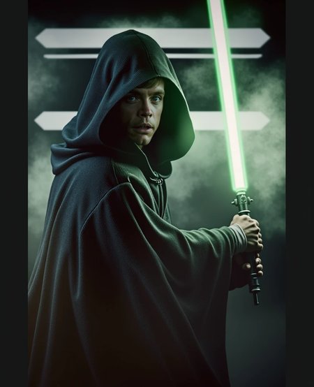 2D Acrylic/oil painting, comic art, ((Realism, Realistic Style)) A detailed artwork of a serious looking hooded jedi, short hair, 30 year old “luke Skywalker” from Return of the jedi era, Dressed in his dark Jedi robes from Return of the Jedi, holding a glowing green lightsaber in his right hand, the saber projects green light onto his face, intense and calm facial expression, hair slightly blowing in the wind, realistic fabric textures and belt attachments, standing in a dimly lit sci-fi alien environment, soft cinematic lighting, green faint fog in the background, photorealistic details, heroic and atmospheric composition, subtle color grading like a Star Wars movie, “Mark Hamil face”, detailed clothing texture, realistic skin texture, shine background, sharp focus, front view, hight contrast, strong backlighting, action film dark color lut, cinematic