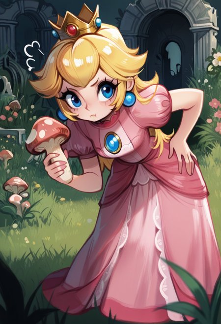 d0p4style,  masterpiece,  best quality, solo,  princess peach, pink dress, small blue eyes,  crown, leaning forward, hand on hip, pouting, holding a mushroom, garden, grass, flora, flowers, ruins, cobble,