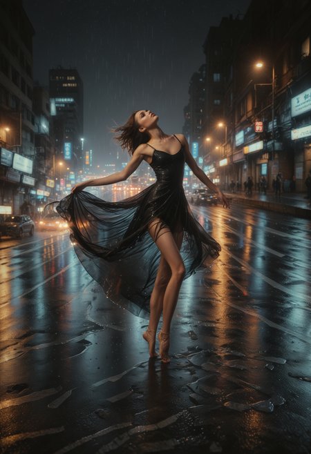 masterpiece, best quality , (full body:1.2),skinny, beautiful girl, 20  y.o, ballerina,she  feels raindrops on her face ,long dark brown hair, wind,( full lips:1.1),  feels the rain, (barefoot:1.5), thin waist,focus on the ballerina,wet black ( long:1.1) georgeous dress , she dancing in the middle of the highway,barefoot, against the backdrop of the night city, skyscrapers, 
cars rush, a long trail of light from car headlights  (ral-exposure:1.2) , (long exposure:1.2),  dynamic streaks, luminous trails, vibrant colors, fluid movement, captivating patterns, creative experimentation, (perfect composition:1.3), professional photography,Dynamic,Cinematic,Sharp details, Insane quality. cinematic scene,  cinematic lighting, <lora:ral-rndrps-sdxl:0.5> ral-rndrps  , <lora:d\EnvyZoomSliderXL01:-1.15>  <lora:ral-exposure-sdxl:0.95>  <lora:Dance_Art:0.5>