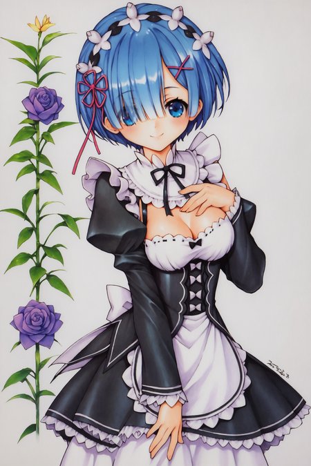 score_9,score_8_up,score_7_up,
1girl,solo,rem (re:zero),blue hair,x hair ornament,short hair,hair ornament,blue eyes,maid,ribbon,maid headdress,long sleeves,dress,roswaal mansion maid uniform,smile,hair ribbon,breasts,puffy sleeves,frills,apron,bangs,closed mouth,black ribbon,pink ribbon,blush,medium breasts,black dress,juliet sleeves,cowboy shot,flower,hair between eyes,red ribbon,hand on own chest,waist apron,traditional media,
<lora:Ramiya Ryou_XL_PONY:0.9>,