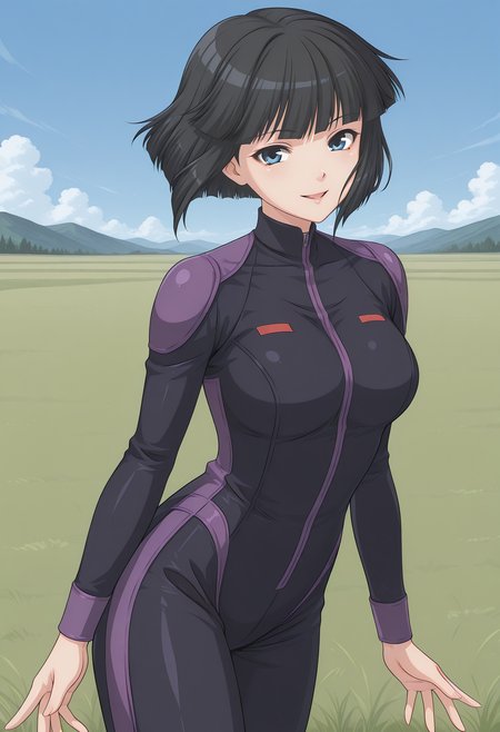 minami_toshimi, blue eyes, black hair, short hair, bob cut, black bikesuit, purple shoulderpads, <lora:minami_toshimi_illustrious_ver1:0.8> 
smile, cowboy shot,, masterpiece, best quality, sensitive,, 1girl, solo, blue sky, (grasslands:1.2), looking at viewer,