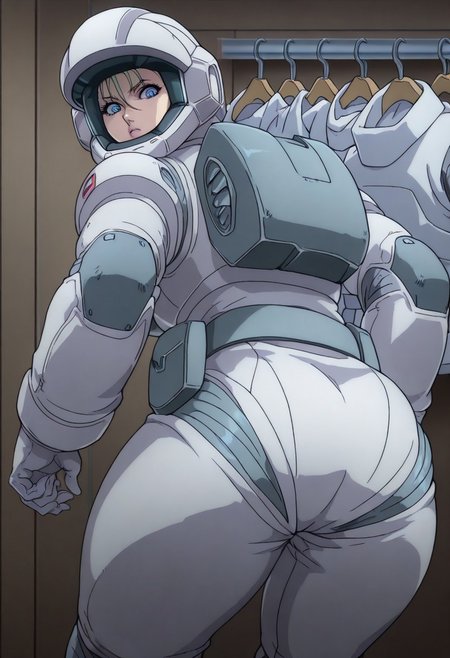 masterpiece, best quality, good quality, GTBClaudia, 1girl, solo, blonde hair, blue eyes, white spacesuit, gloves, helmet, from behind, looking back, looking at viewer, ass, ass focus, BREAK, indoors, closet, clothes hanger