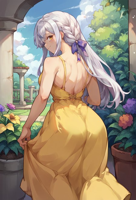 score_9, score_8_up, source_anime, 1girl, solo, KonKanaho, white hair, long hair, braid, hair ribbon, purple ribbon, from behind, yellow sundress, garden, day, sunshine, smile, looking back, <lora:ChamKonKanahoPonyXL:1>