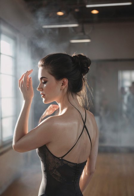 30yo American woman Ballet dancing. 
Ballet pose.
Makeup. Clear skin.  realistic skin style detailed skin pore.
Black dark very Long messy slick back stylish hair. 
Shooting light, indoors, cable light
Ballet studio
Smiling, with mouth closed. Smirk.
Bokeh. Heavy Bokeh light. Artistic smoke color
Full body complete shot. 
Tilt head, hand on hair. Shy.