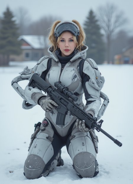 SFW, The image shows a woman kneeling in the snow with a rifle in her hands. She is wearing a futuristic-looking suit with a grey and white color scheme. The suit has multiple arms and legs, and a helmet with a visor. The woman has e hair and is looking directly at the camera with a serious expression. The background is blurred, but it appears to be a snowy landscape with trees and a building in the distance. The overall mood of the image is cold and wintery., aidmaimageupgrader<lora:flux\custom\celebrity\katherine-ryan.safetensors:1.0:1.0> <lora:turbo-8-step-flux.safetensors:0.5:0.5> <lora:flux\style\Common\aidmaImageUprader-FLUX-v0.3.safetensors:0.25:0.25>