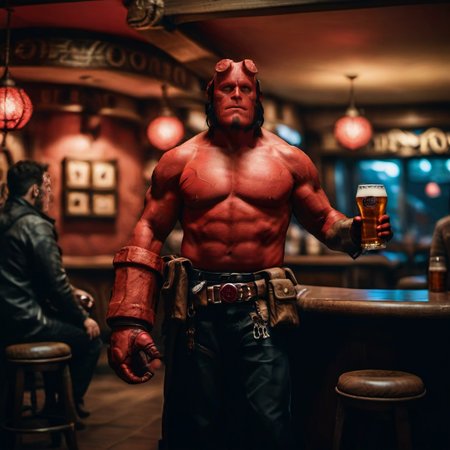 cinematic photo hellboy, a red  man shirtless, pants,  having a beer in a pub <lora:Hellboy1024:0.8> . 35mm photograph, film, bokeh, professional, 4k, highly detailed
