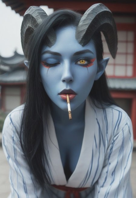 score_9, score_8_up,score_7_up, high-contrast, cel shading, solo, pov,
(pagoda,),
(cybelesmt, colored skin, blue skin, black hair, long hair, horns, pointy ears, yellow eyes,,),
(sultry, blush, 1 eye closed),
(geisha, geisha makeup),
((open yukata,))
(,incoming pocky kiss, looking up, kneeling),