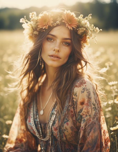 highly detailed and hyper realistic dynamic 35mm photo, photo of  a bohemian beauty adorned in flowing floral patterns and delicate accessories in a sunlit meadow, shot on polaroid film, cinematic still frame, film grain, shallow depth of field, faded colors, motion blur, high contrast, highly detailed and hyper realistic