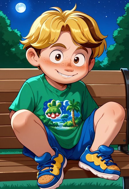 score_9, score_8_up, score_7_up, highly detailed, CuteCartoonStyle, cute boy, 1boy, solo, Aaron Mitchell, fair skin, shaggy, blonde hair, brown eyes, freckles. green t-shirt, dinosaurs shirt, blue and yellow strap sneakers, at night, full moon, sitted, bench, embarassed smile, half closed eyes, floating hearts, blushing, park, 
DSCStyle, round eyes, exaggerated proportions, cartoonish features, anime-inspired, cute aesthetics, cartoonish proportions, highlights,smooth lines, glossy highlights, minimal detail, clean outlines, consistent line weight, gentle highlights