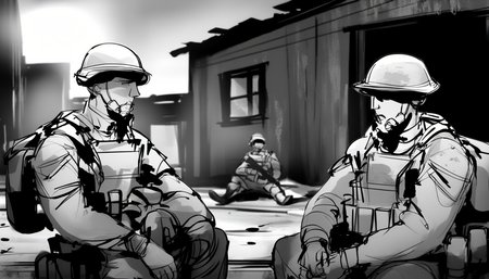 storyboard sketch of Two soldiers sharing a moment of respite in a war-torn town.  <lora:storyboard sketch:0.8>