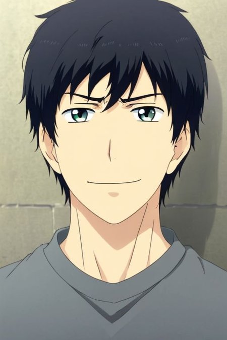 high resolution, solo, best quality, 1Boy, Arata Kaizaki, Black Hair, portrait, looking at viewer, focused gaze forward, upper body, head upright, angry, smile, OverallDetail
