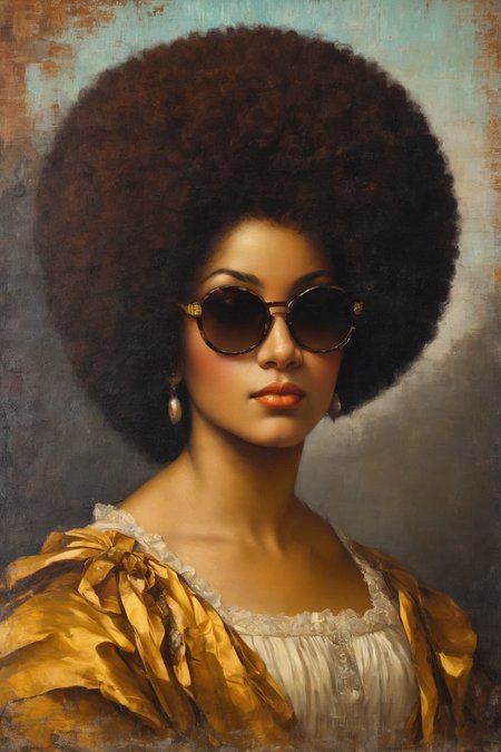 ((Masterpiece, best quality)),beautiful colors, sharp contrast,oil painting, vintage,crackled paint,
painting of a portrait, woman with ((an afro hairstyle)) and sunglasses
painted in renaissance style
 <lora:edgRenaissanceXL:0.9>