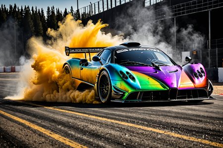 wide body kit ZONDA, racing through LIQUID METAL, liquid metal sprays up from the cars tyres, Car drifting in a black void , UHD, Colorful Powder Explosion